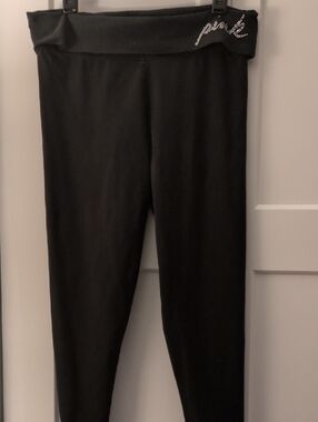 Black Fold-Over Waist Yoga Leggings with Rhinestone 'pink' Logo